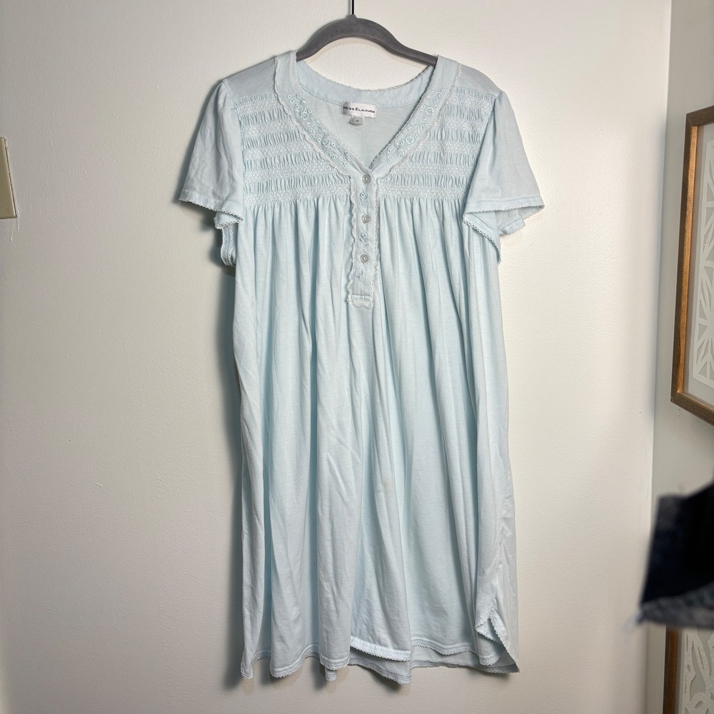 Miss Elaine XL Blue Cotton Blend Nightgown Cottagecore Victorian Prairie Smocked - Picture 2 of 11